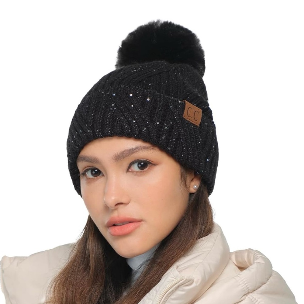C.C Black Sequin Beanie with Pom Pom